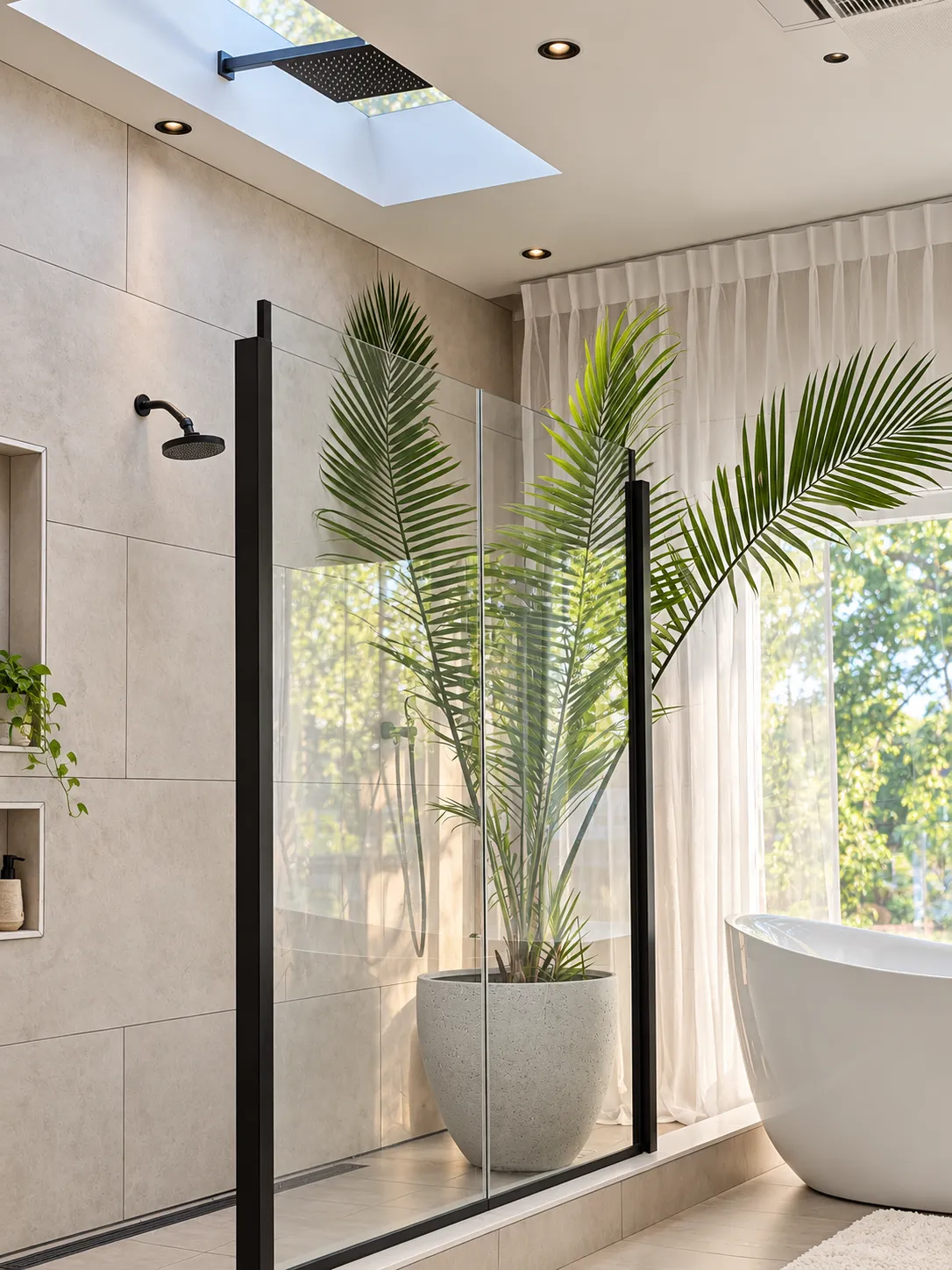 Walk-in shower beneath a skylight