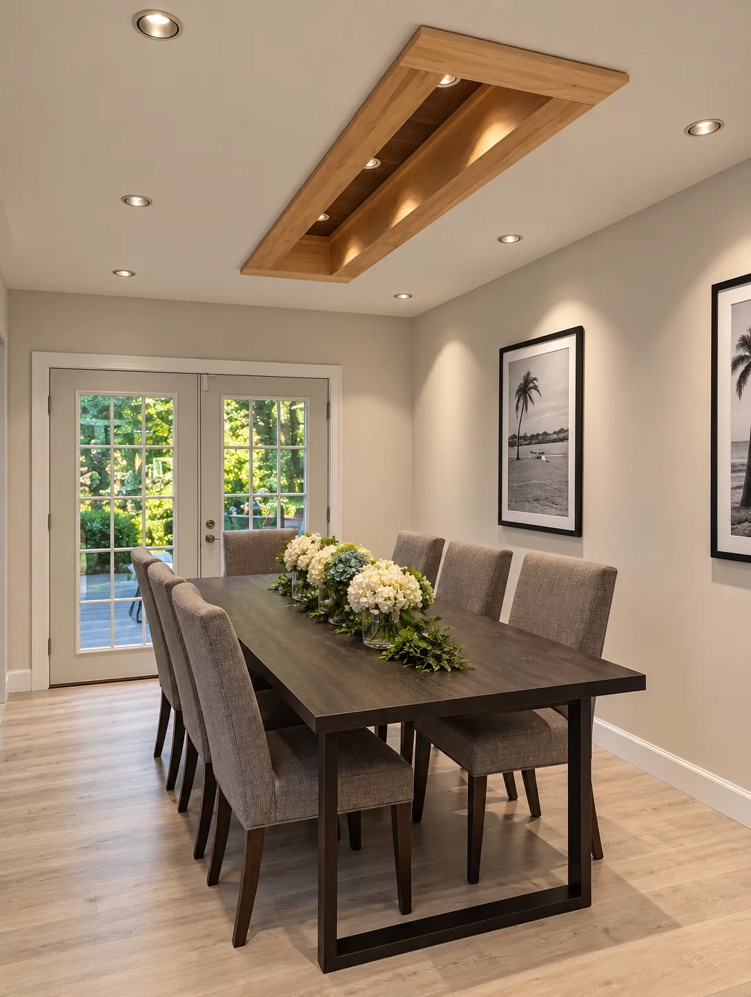 Dining room with custom lit ceiling detail