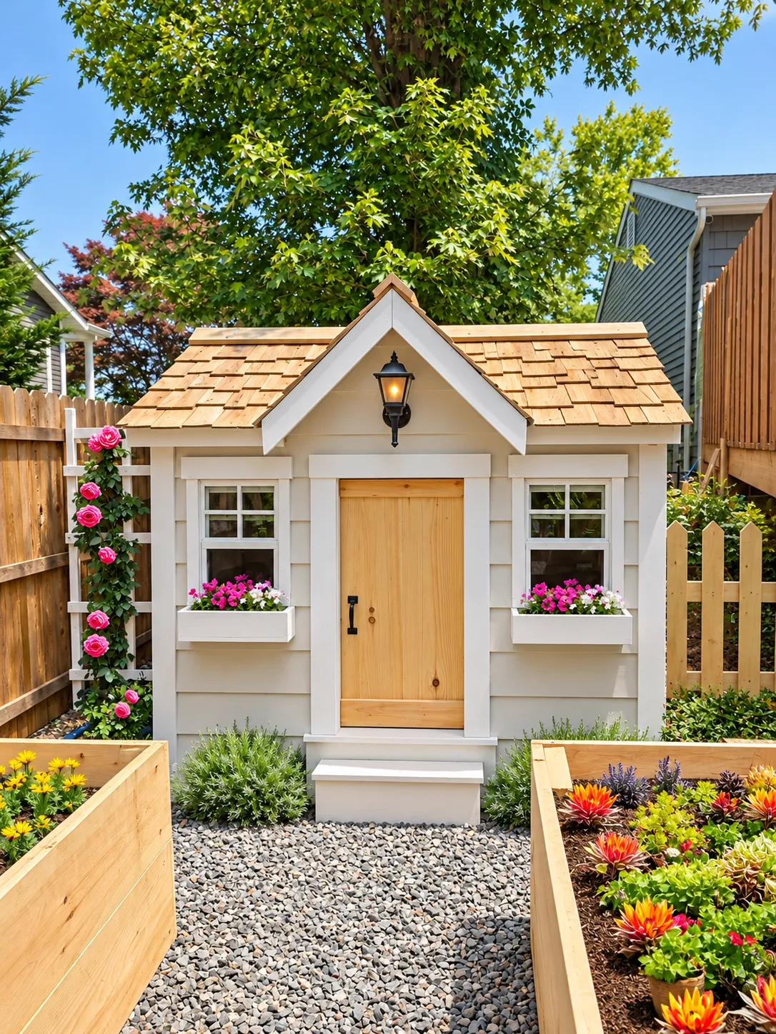 Garden beds and playhouse