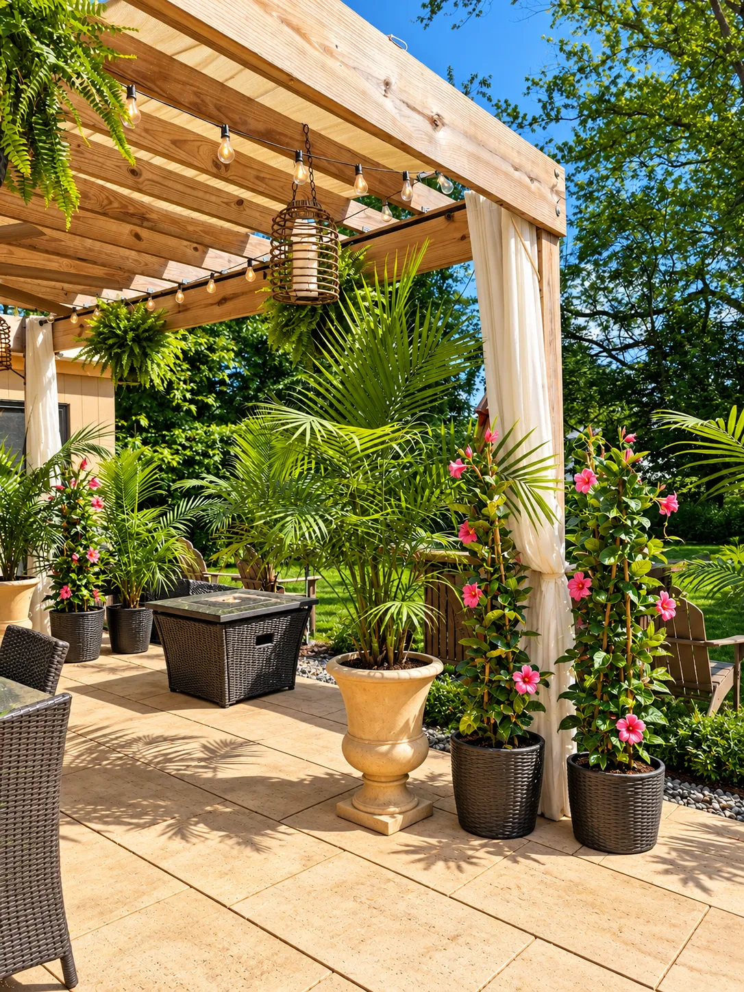 Stone patio with pergola and fire table