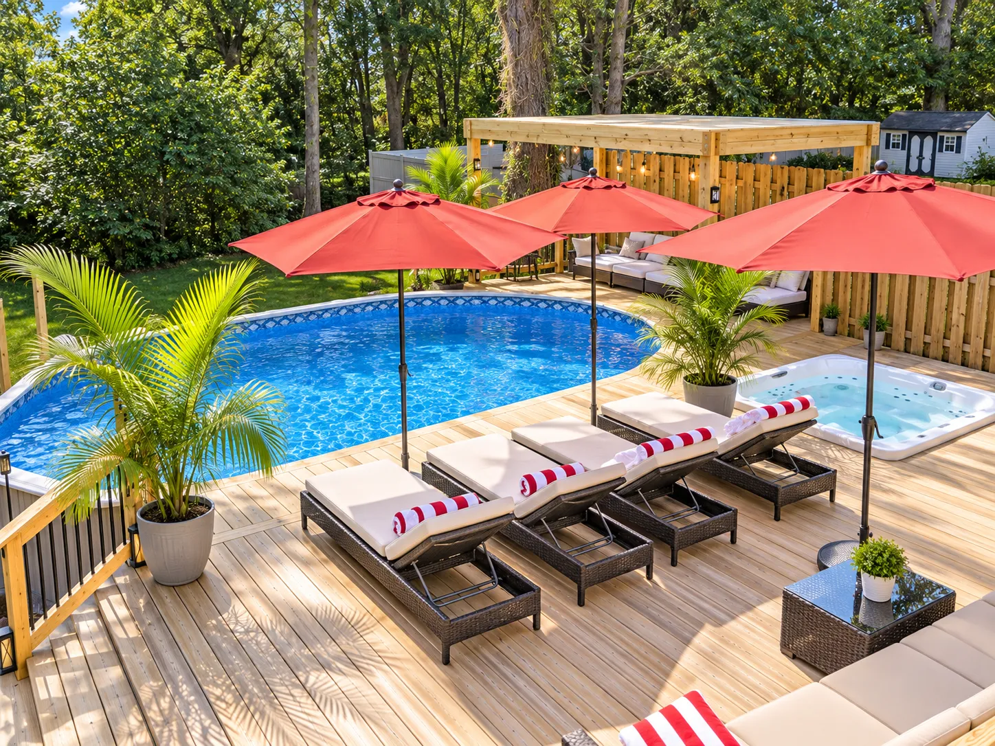 Pool deck with spa / hot tub