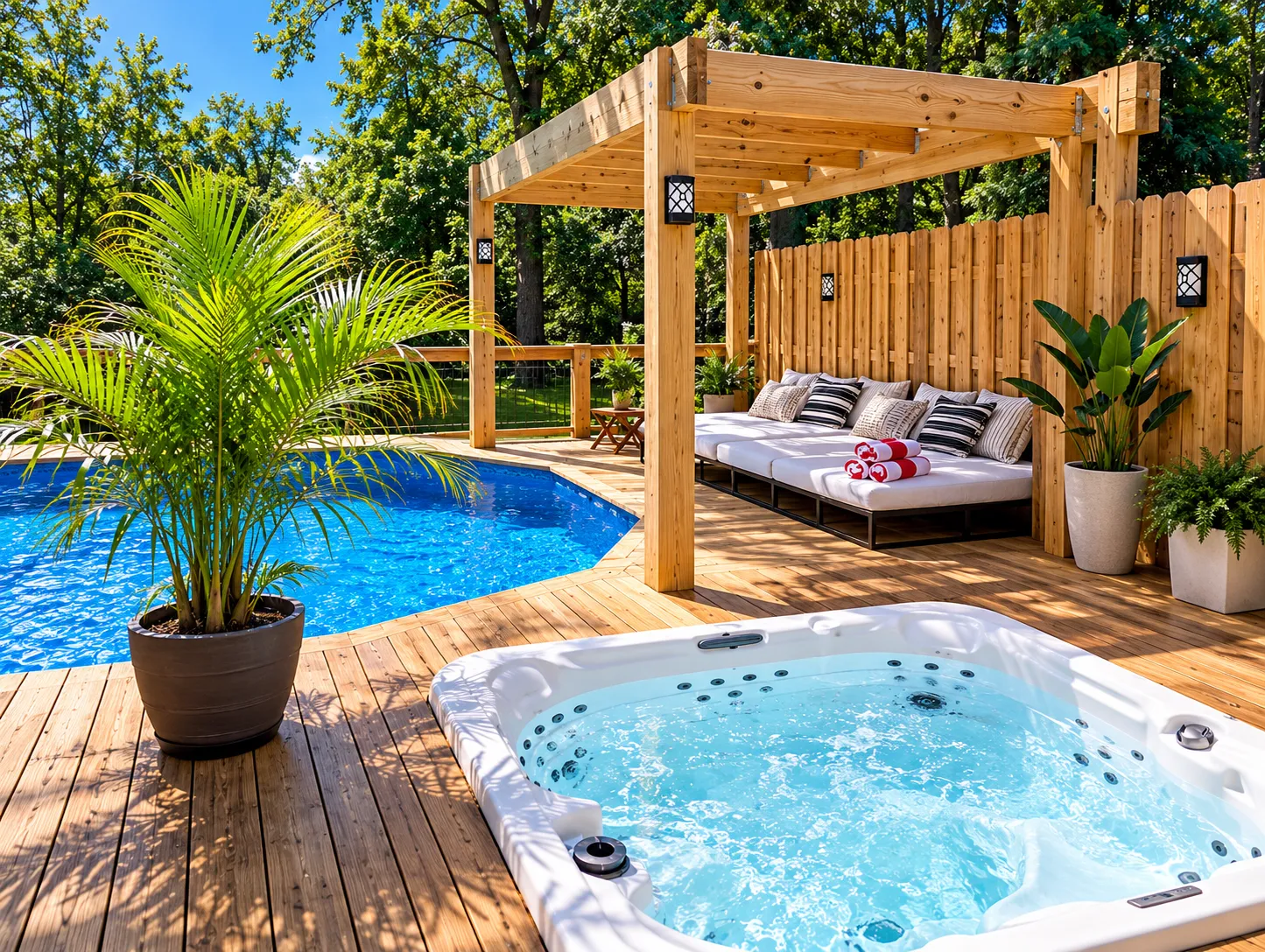 Pool deck with pergola lounge and spa